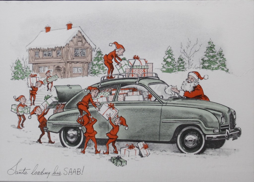 Ilustração antiga de um Saab com duendes carregando-o com presentes e o Papai Noel limpando o vidro
