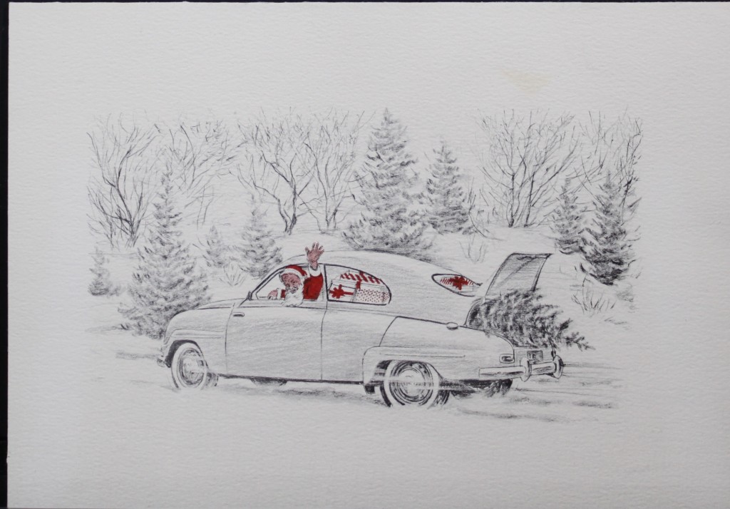 Ilustração antiga do Papai Noel dirigindo um Saab acenando pela janela e com uma árvore de Natal no porta malas