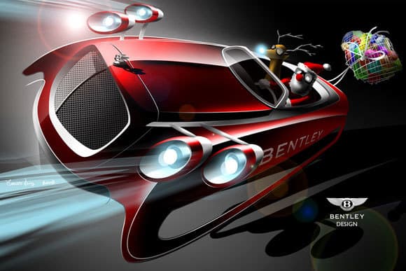 Ilustração digital do Papai Noel em um trenó futurista com linhas de desenho da Bentley, feito pela Bentley