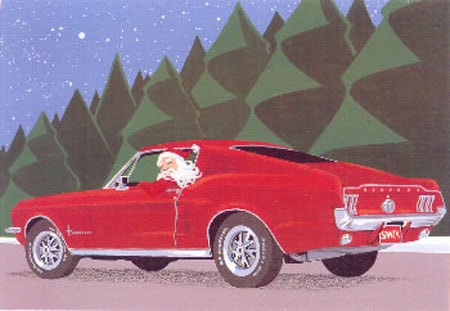 Ilustração do Papai Noel ao volante de um Mustang Fastback