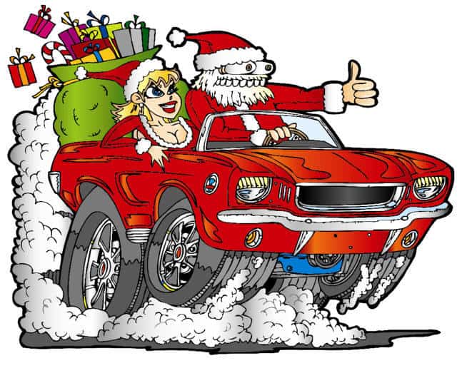 Papai Noel endiabrado com uma Mamãe Noel mocinha cantando pneus de um Mustang conversível, ilustração