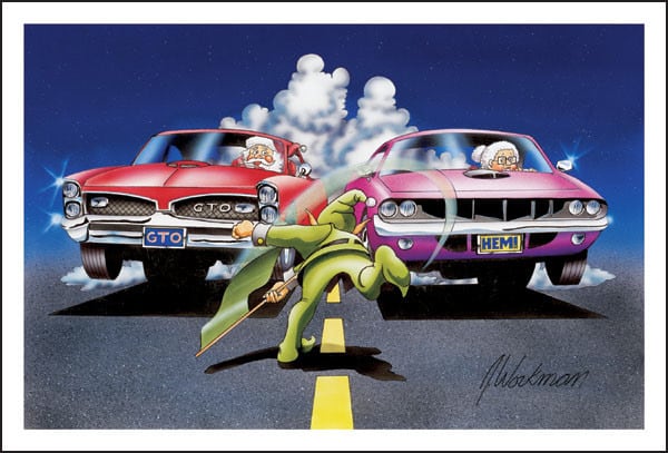 Ilustração, Papai Noel ao volante de um Pontiac GTO alinhado com a a Mamãe Noel ao volante de um Plymouth Barracuda com um duende dando a bandeirada de largada