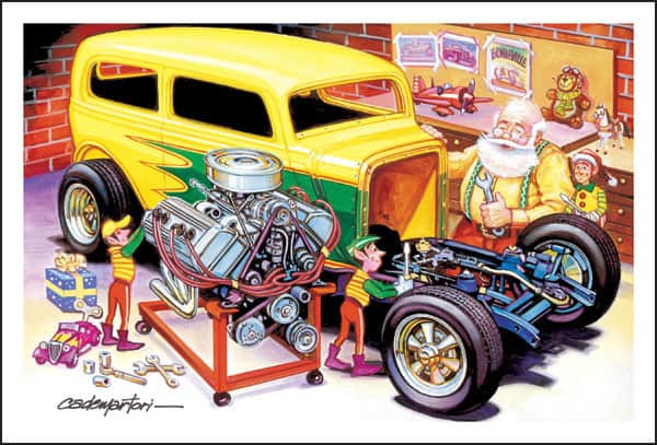 Papai Noel e seus duendes instalando um motor em seu hotrod, ilustração