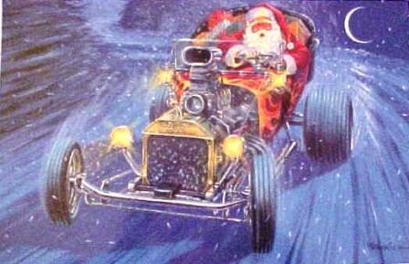 Papai Noel ao volante de um hotrod dirigindo na neve, ilustração
