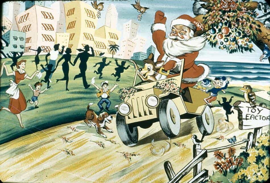 Ilustração, Papai Noel dirigindo um jipe e acenando para as pessoas