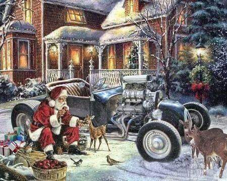 Uma linda ilustração antiga mostrando o Papai Noel alimentando pequenos cervos ao lado do seu hotrod