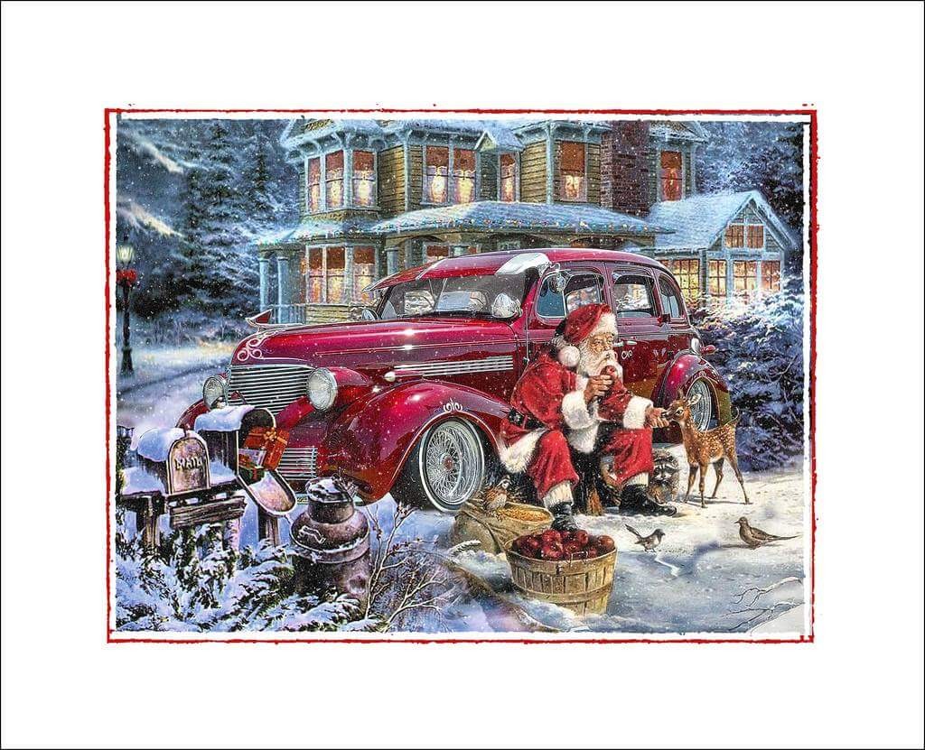 Outra linda ilustração antiga mostrando o Papai Noel alimentando pequenos cervos ao lado seu carro antigo customizado
