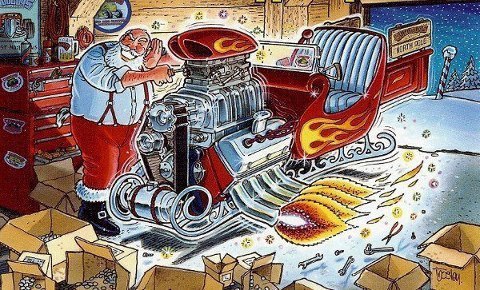 Ilustração do Papai Noel ajustando o enorme motor de seu trenó caracterizado como um hotrod