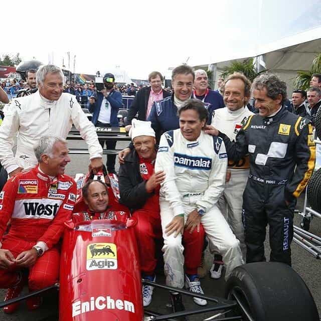 Alguns pilotos daquela época reapareceram em Zeltweg: Prost (D), Martini, Alesi, Piquet, Lauda, Berger, Patrese e Danner (Foto FIA)