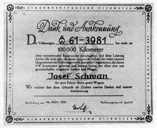 Certificado Dank und Annerkrnung (Agradecimento e Reconhecimento) confirmação do carro ter rodado 100.000 km