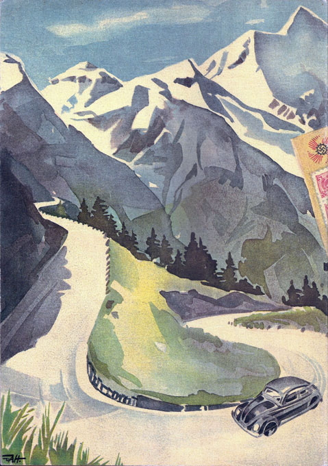 Capa traseira da brochura “Dein KdF Wagen” com um Fusca de época (1939) na estrada do Großglockner