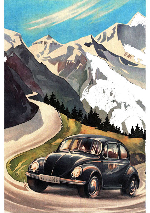 Capa do convite para os festejos de 60 anos do Fusca, inspirado na brochura, porém com um Super Beetle na estrada do Großglockner