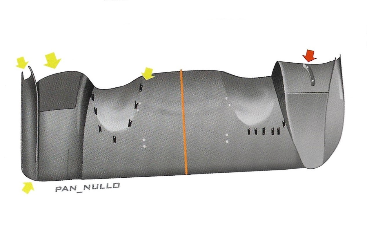 Splitter dianteiro do Audi R18 de 2013 visto por baixo. Créditos: Endurance WEC – Dalle Gruppo C ai Prototipi Ibridi / From Group C to Hybrid Prototypes, de Riccardo Romanelli, Antonio Pannullo e Marco Zanello.