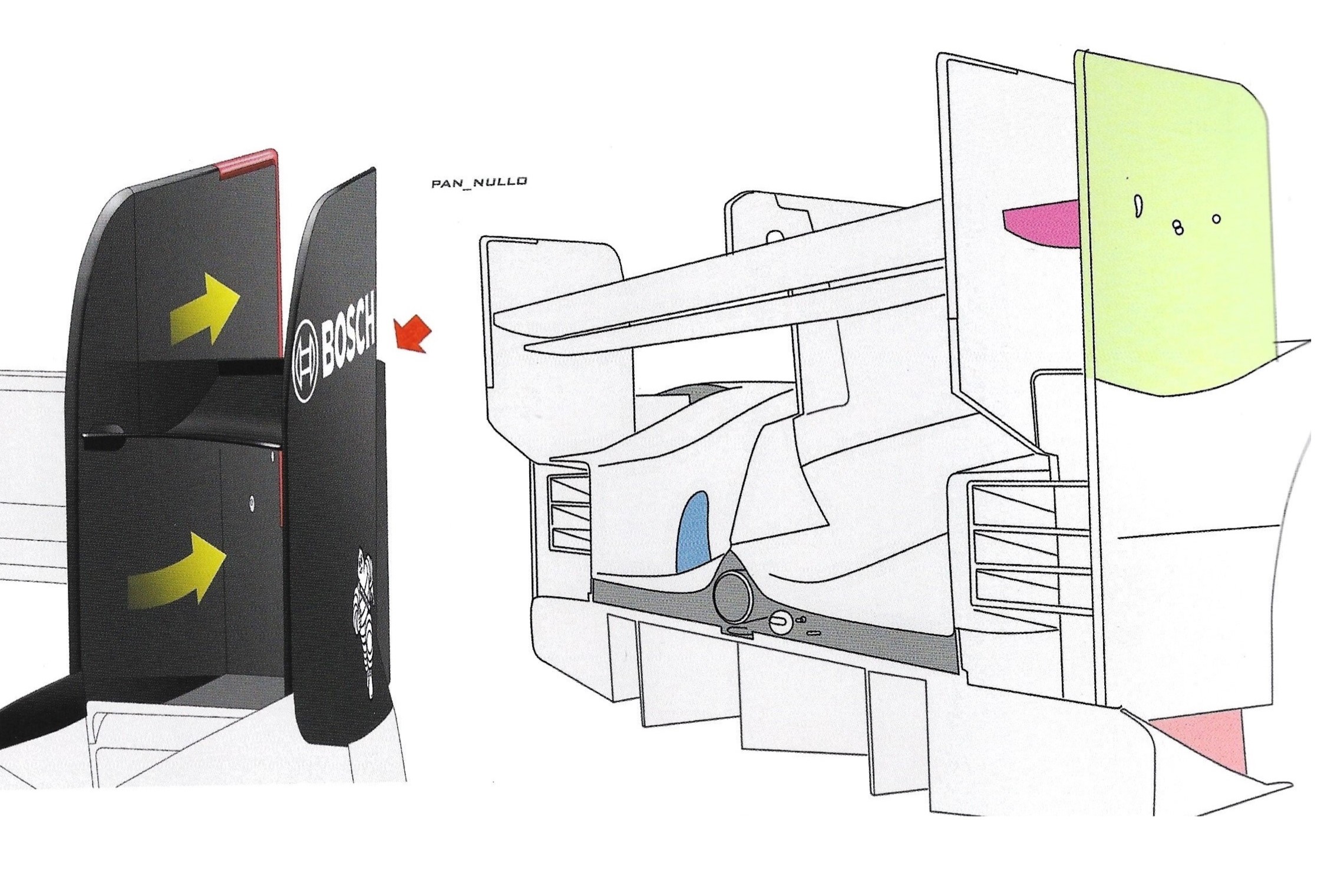 Nova configuração de "shadow paltes" da asa traseira do Audi R18 de 2013. Splitter dianteiro do Audi R18 de 2013. Créditos: Endurance WEC – Dalle Gruppo C ai Prototipi Ibridi / From Group C to Hybrid Prototypes, de Riccardo Romanelli, Antonio Pannullo e Marco Zanello.