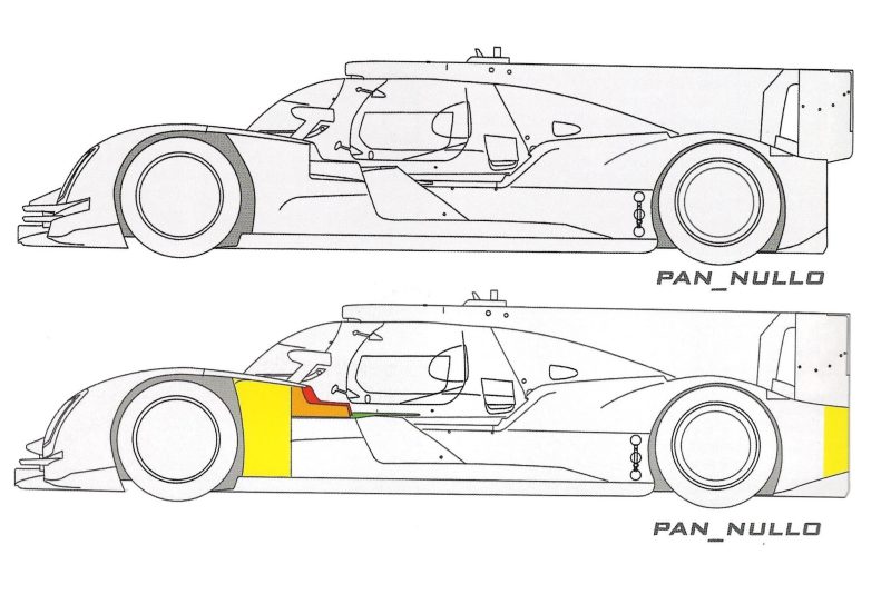 Diferença da configuração da carroceria do Audi R18 de 2014. Acima, a configuração regular, abaixo, a longtail usada em Le Mans. Créditos: Endurance WEC – Dalle Gruppo C ai Prototipi Ibridi / From Group C to Hybrid Prototypes, de Riccardo Romanelli, Antonio Pannullo e Marco Zanello.