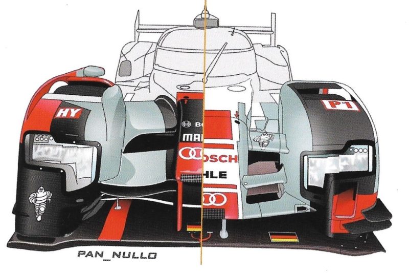Comparativo entre a dianteira do Audi R18 de 2016, à esquerda, e de 2015, à direita. Créditos: Endurance WEC – Dalle Gruppo C ai Prototipi Ibridi / From Group C to Hybrid Prototypes, de Riccardo Romanelli, Antonio Pannullo e Marco Zanello.