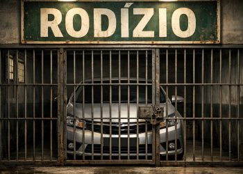 Automóvel "preso" no rodízio (Imagem: Alexander Gtomow  com auxílio de IA)