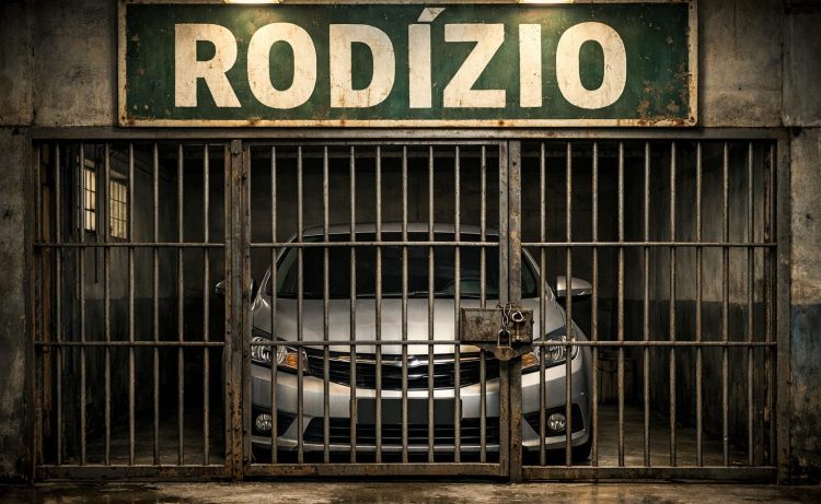 Automóvel "preso" no rodízio (Imagem: Alexander Gtomow  com auxílio de IA)