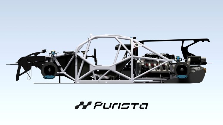 Arquitetura do protótipo mostra suspensão com pull-rod, possível DRS e motor centra-traseiro. (Foto: divulgação/Purista)