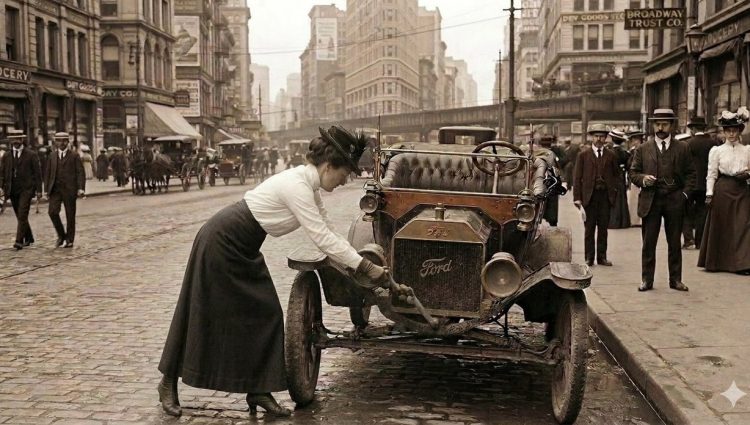 Mulher dando partida no motor com a manivela (imagem por I.A.)